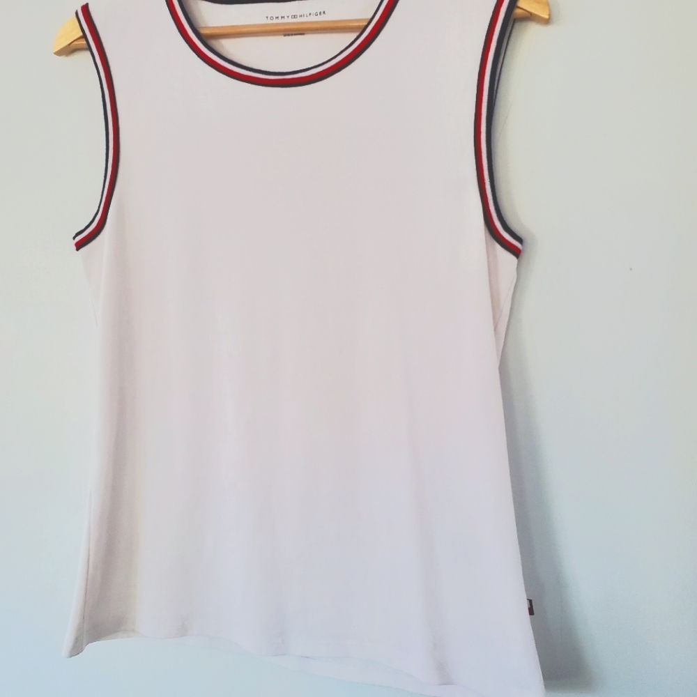 TOMMY HILFIGER Women L White Sleeveless Top Red White Blue Stripe Accent Preppy - Picture 3 of 12